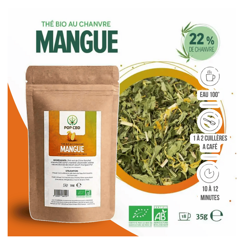 Thé vert Chanvre BIO Mangue 35g en vrac | 22% | Pop CBD