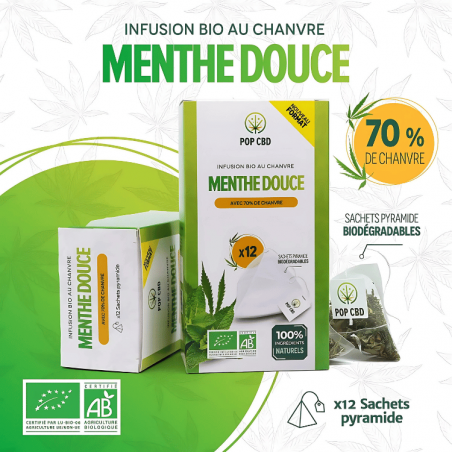 Tisane Chanvre BIO Menthe Douce x12 sachets | 70% | Pop CBD Tisane Chanvre BIO Menthe Douce x12 sachets | 70% | Pop CBD